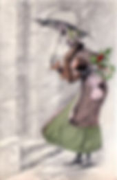 Postcard with illustration of woman visiting a door carrying umbrella and gifts, dressed in 1910 style clothing.