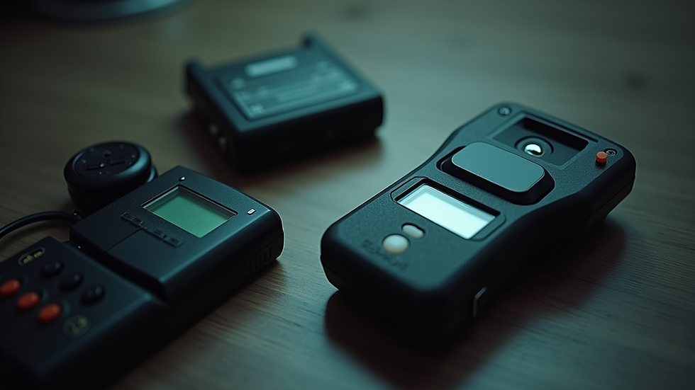 Close-up view of paranormal investigation equipment including EMF meter and digital voice recorder