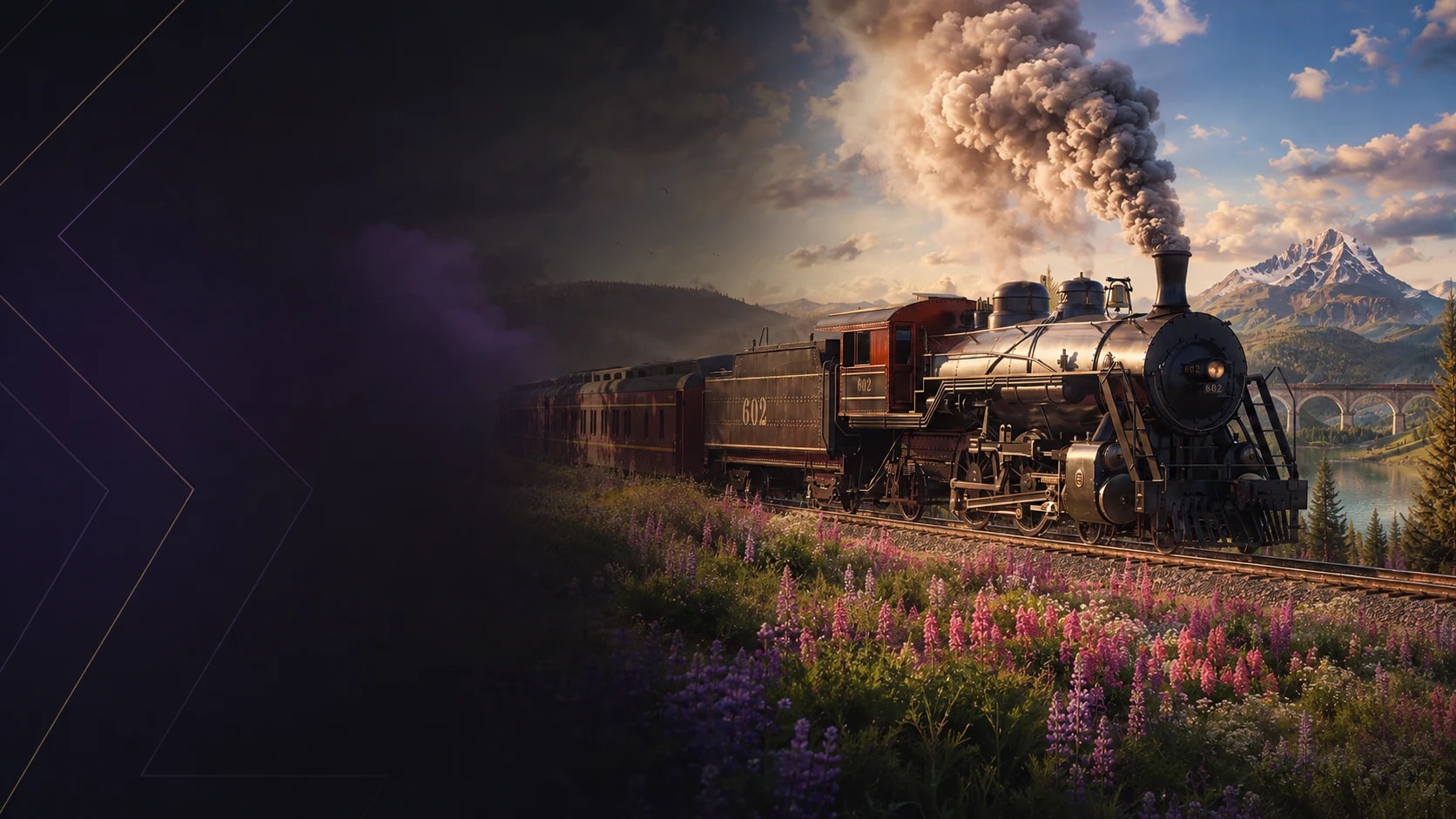Transport Fever 3 steam locomotive and alpine valley artwork in WPS purple and gold