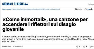 Giornale di Sicilia: «Come immortali», una canzone per accendere i riflettori sul disagio giovanile