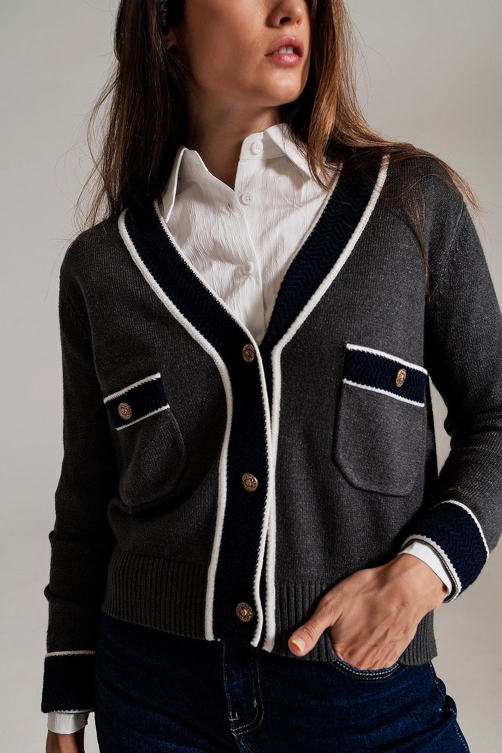 Thumbnail: Gray Cardigan With Pockets and Channel Style