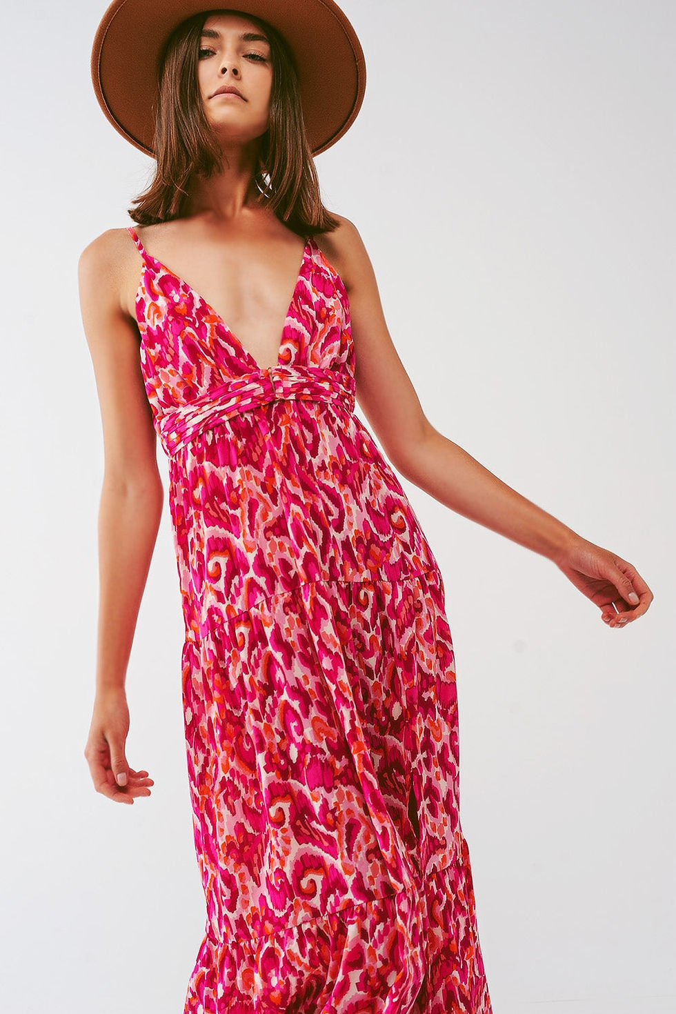 Thumbnail: Floral Print Maxi Dress With v Neck in Pink