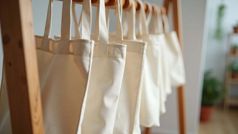 Eye-level view of reusable cotton tote bags hanging on a wooden rack