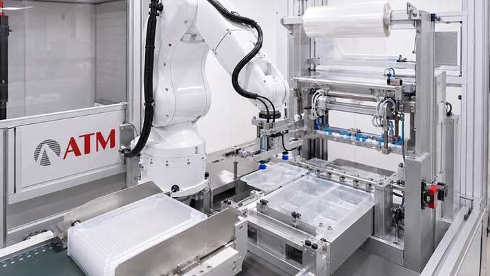 Plastics and packaging automation system with robotic handling and roll-fed material processing