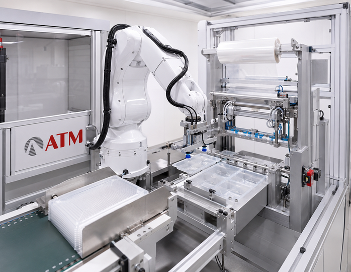 Plastics and packaging automation system with robotic handling and roll-fed material processing