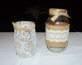 mason jars, twine decorations, lace mason jars, lace decorations