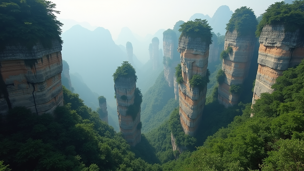 Wide angle view of towering sandstone pillars in Zhangjiajie National Forest Park
