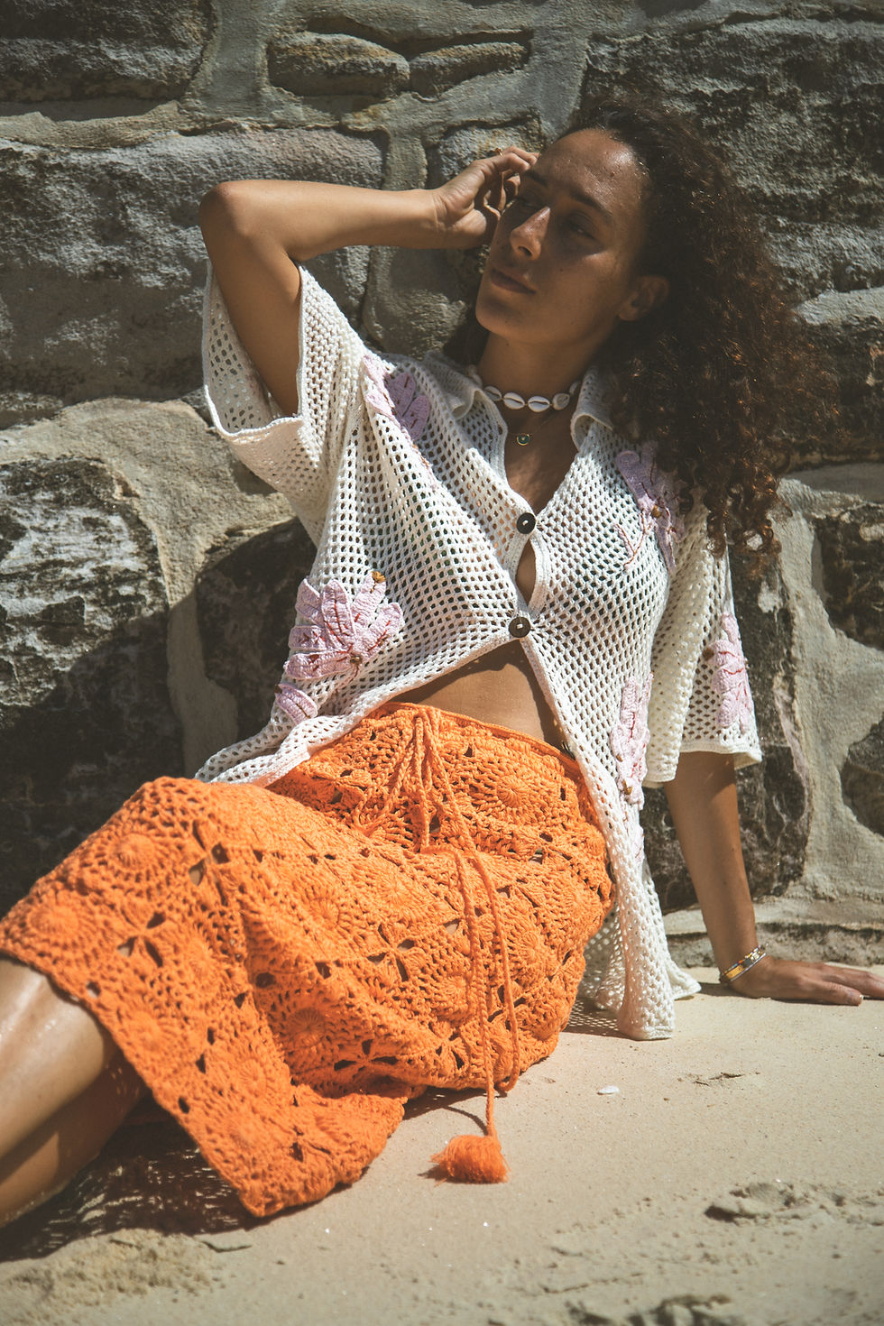 Thumbnail: Handmade Crochet Shirt- Off-White and Pink