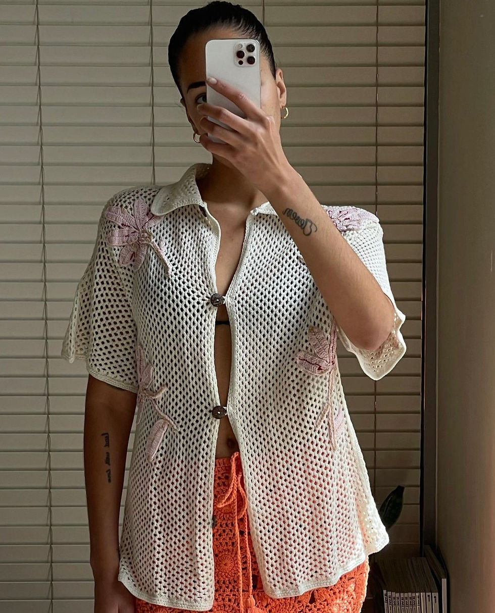 Thumbnail: Handmade Crochet Shirt- Off-White and Pink