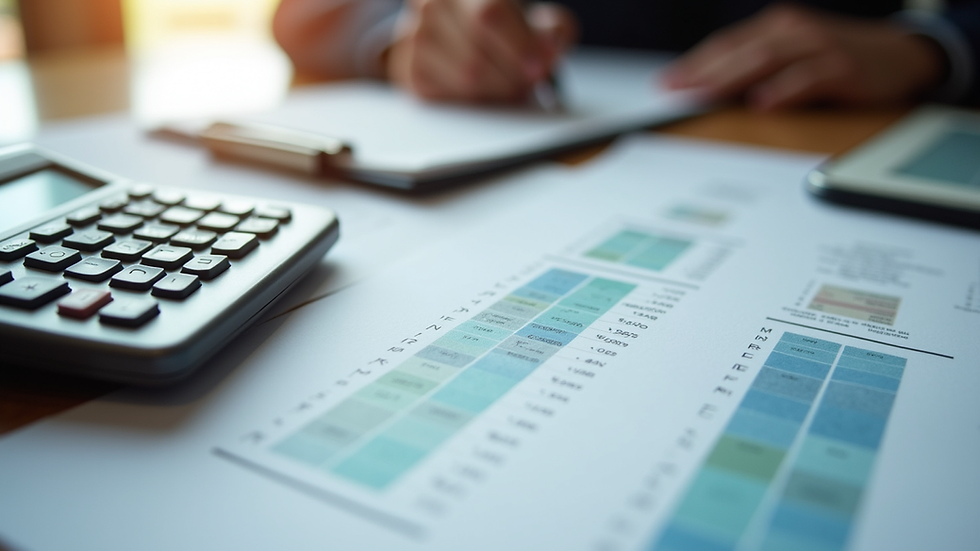high angle view of financial documents and calculator on table
