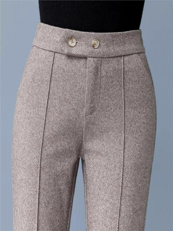 High Waist Fleece Lined Woolen Micro Flared Trousers for Women Autumn Winter Thi