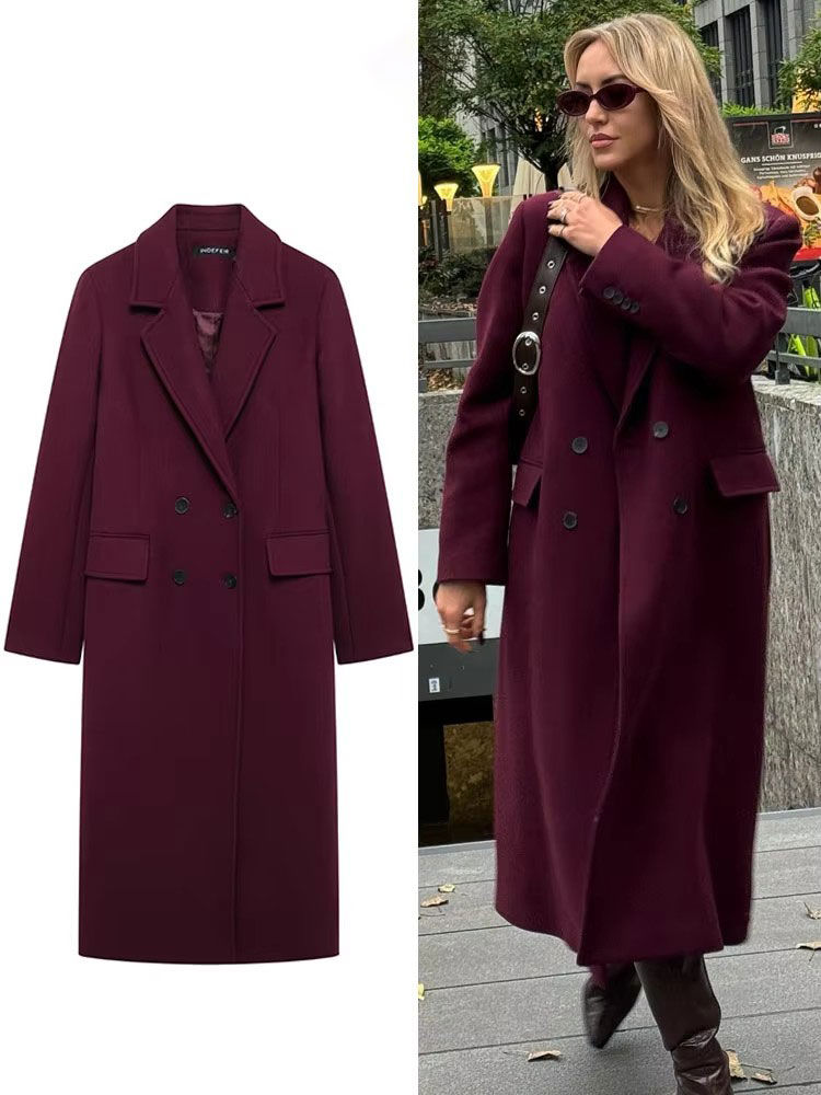 HH Women Fashion Burgundy Coat Double Breasted Long Sleeve Lapel Blends Jacket A