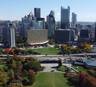 An aerial image of the skyline of Pittsburgh, Pennsylvania. 