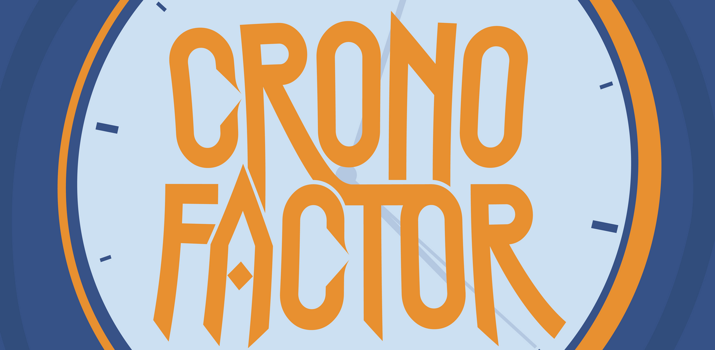 Título do jogo Cronofactor e ao fundo um padrão que se assemelha à um relógio. Viagem no tempo