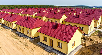 Firefly_The lower half of the image displays a row of affordable, single-story homes with