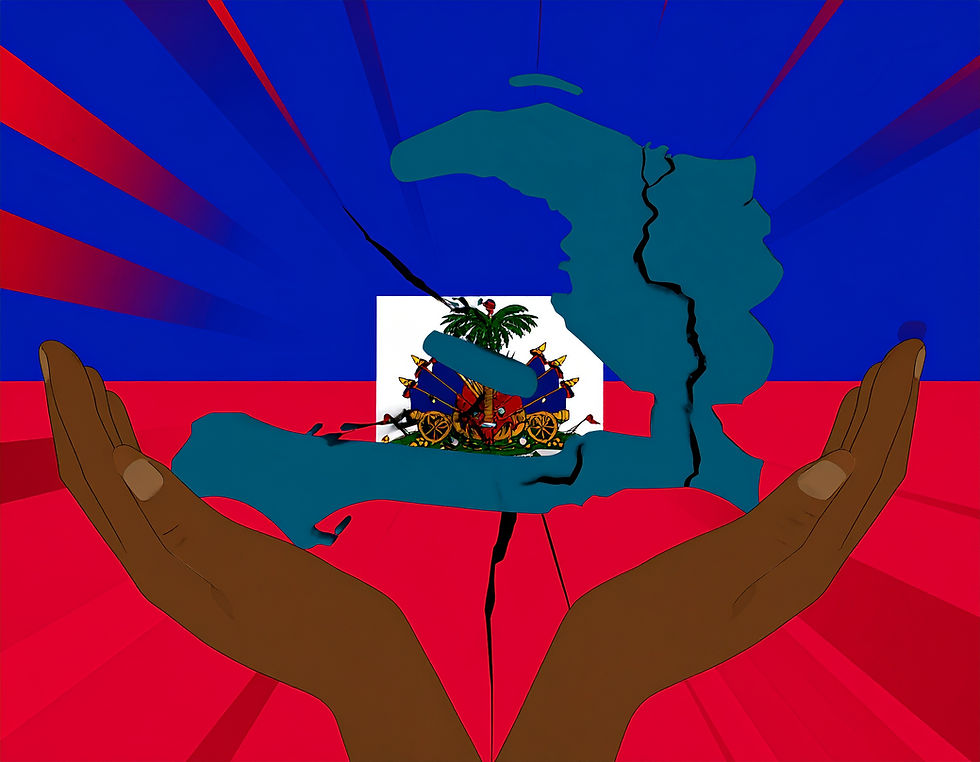 Firefly At the center of the image is a graphic outline of Haiti, colored in deep teal. Th