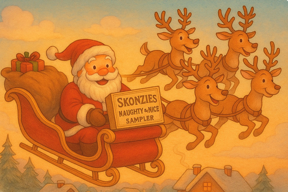 Jolly Santa in a sleigh with his reindeer, holding a box of Skonzies, naughty and nice sampler