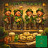 Illustrated St. Patrick’s Day pub scene of four leprechaun musicians singing and playing instruments on stage, holding scones, with a table of golden scones, shamrocks, and beer mugs in the foreground for Skonzies Artisanal Scones.