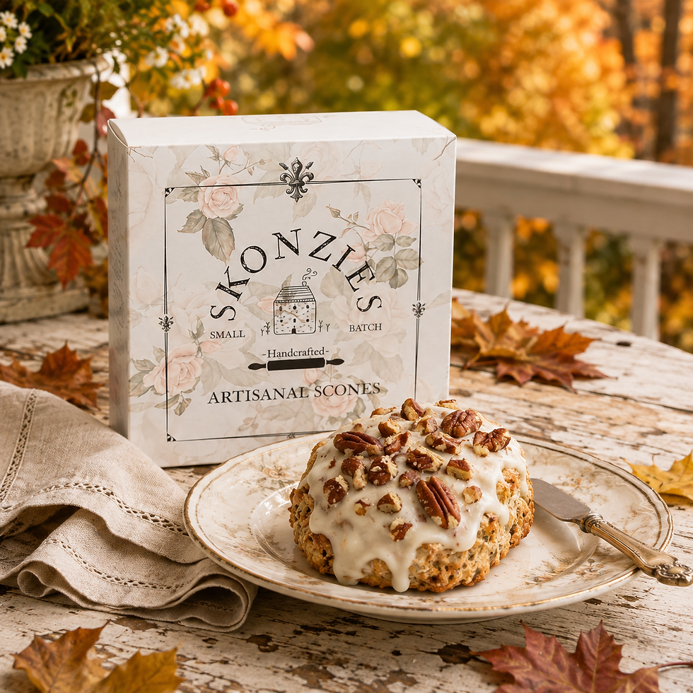 Butterscotch Delight scone topped with creamy glaze and chopped pecans on a decorative plate beside a Skonzies artisanal scones gift box on a weathered outdoor table with fall leaves.