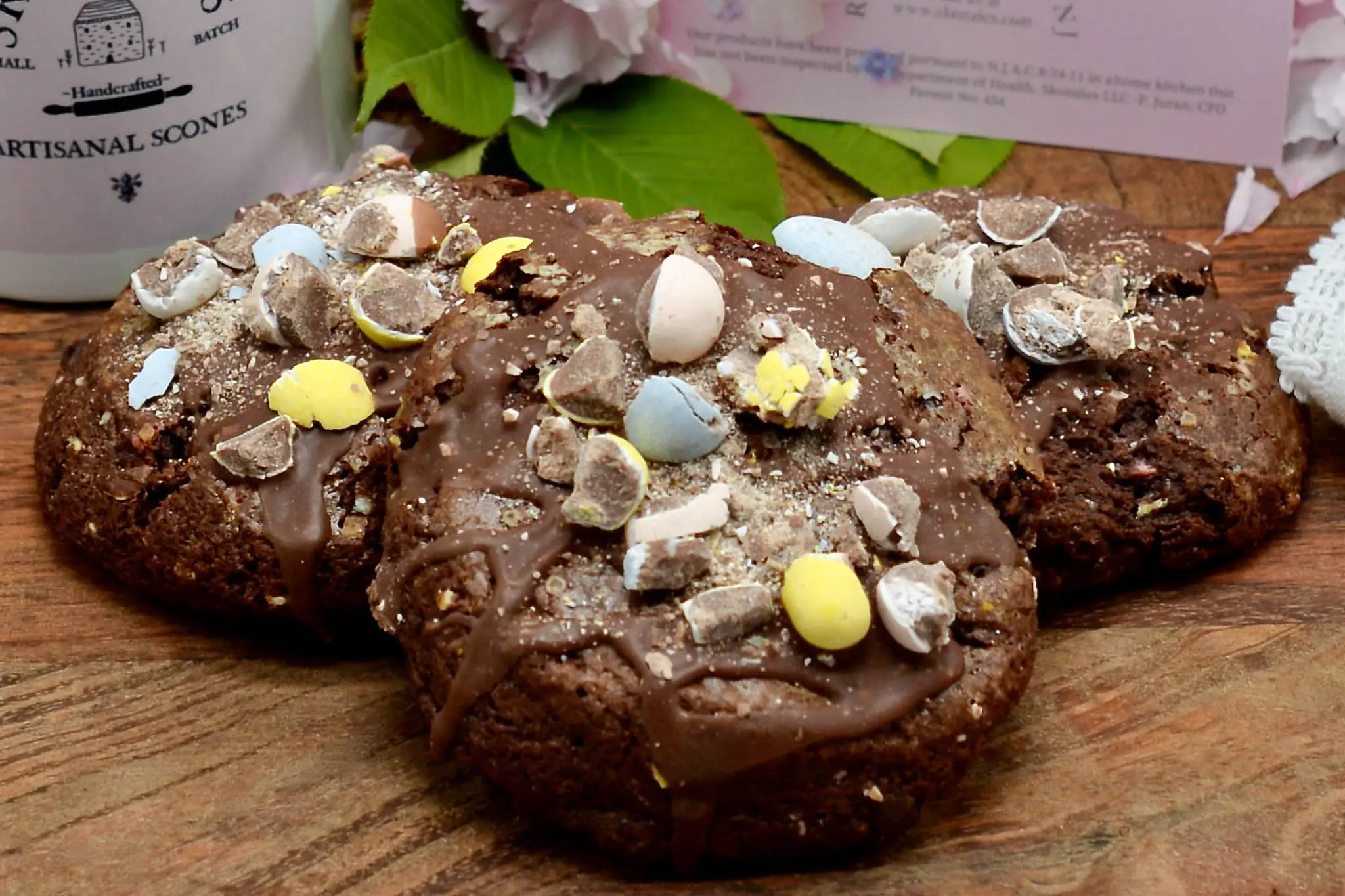 Chocolate scone with crushed  candy coated chocolate Easter eggs.