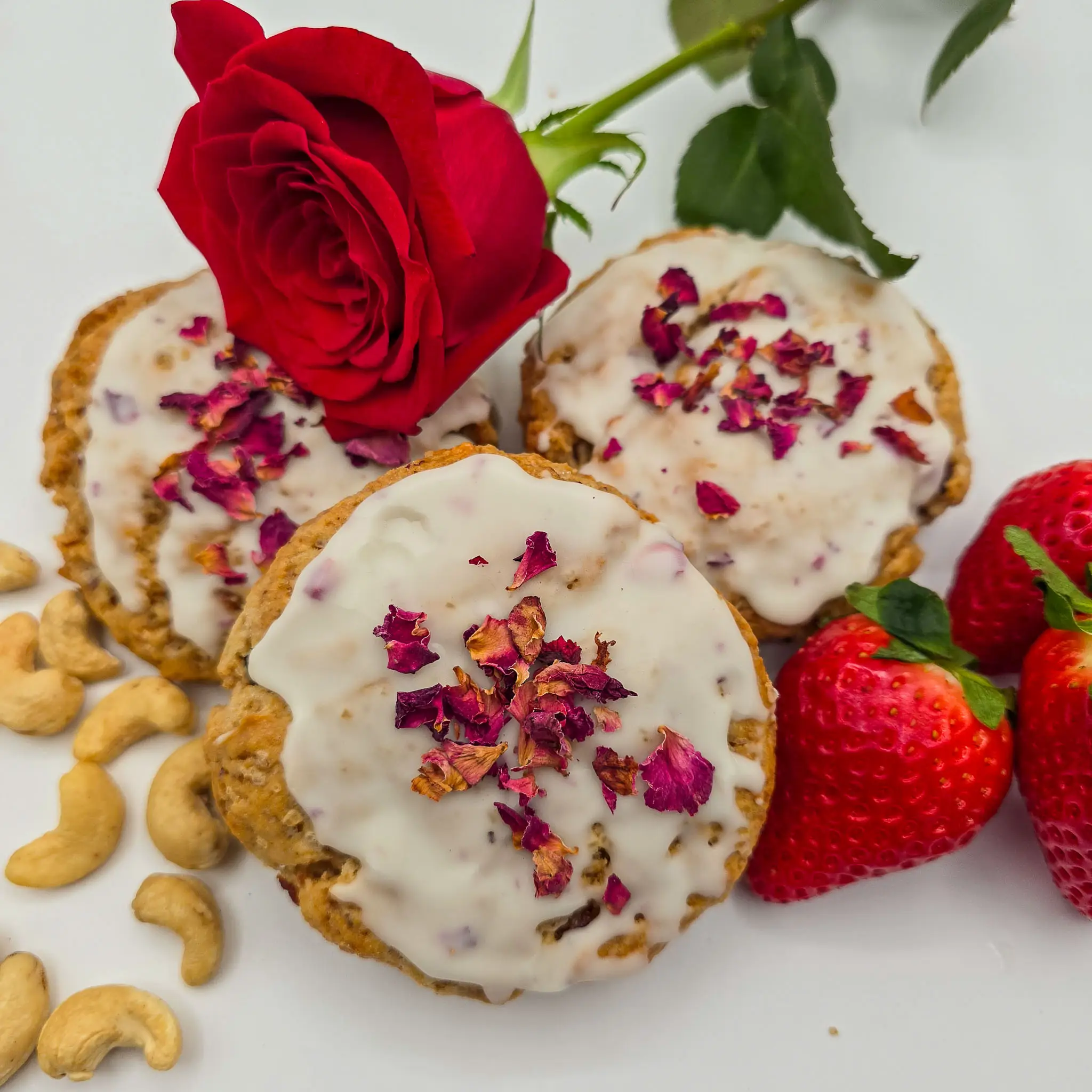 Strawberry rose, cashew scone