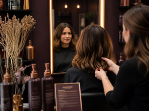 Stylist and client in consultation at a salon mirror, with a service menu card and unbranded hair products on the station in the foreground.