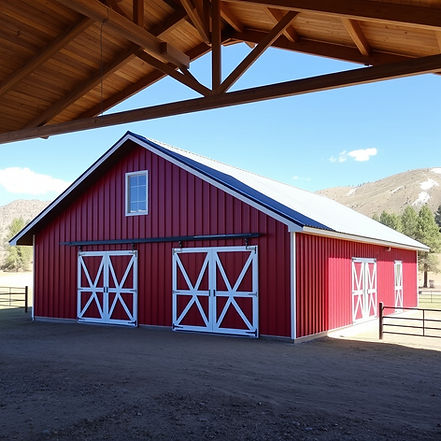 create a photo of a newly constructed horse barn. Colorado red, with write carrige doors.j