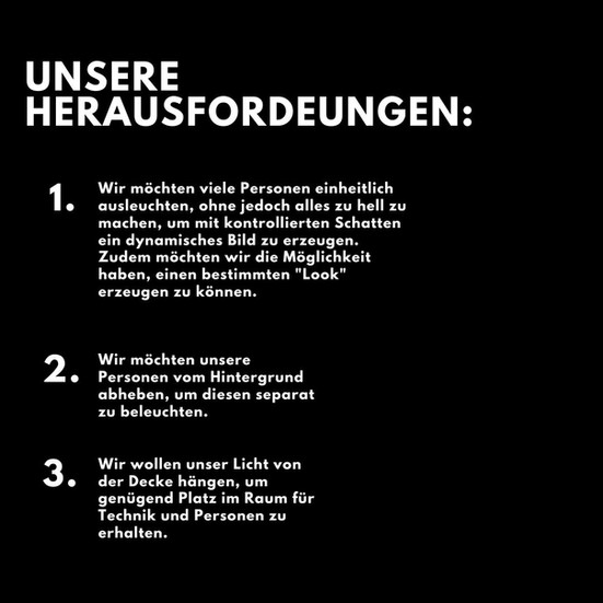 Auf dem Bild steht ein Text der die Herausforderungen im Bezug auf die Planung von Licht in einem Videostudio beschreibt