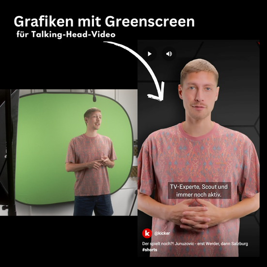 Person vor Greenscreen spricht in Kamera. Person vor Grafiken auf Social Media. Text dazu: Grafiken mit Greenscreen.