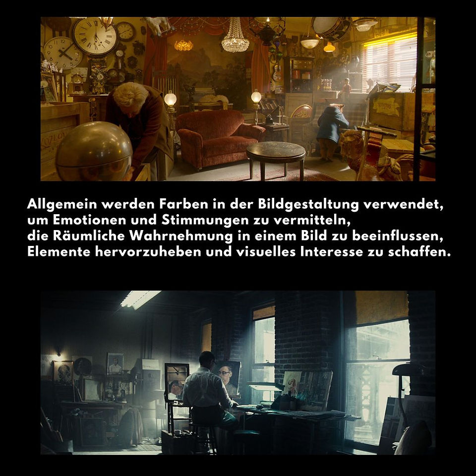 Zwei Fotos die den Unterschied von Farbtemperaturen zeigen. Bei beiden Fotos sieht man die gleiche Perspektive, bei einem mit Warmen Licht, bei dem Anderen mit Kalten Licht. Dazu ein Text der beschreibt das Farben in der Bildgestaltung für verschiednen Stimmungen und Emotionen genutzt werden.   