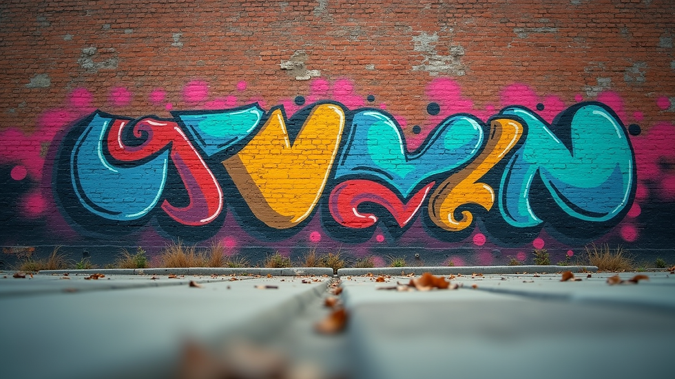 Eye-level view of a colorful mural on a brick wall