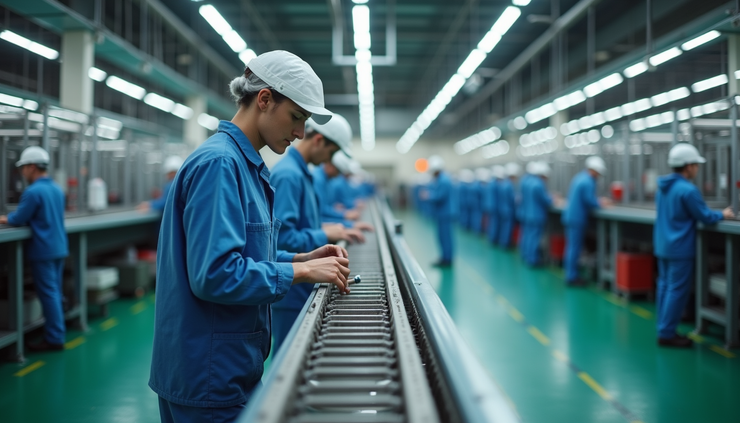 Eye-level view of a factory floor showing interconnected production lines and workers coordinating tasks