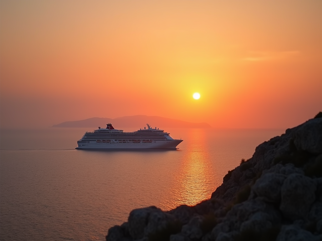 A magnificent cruise ship sailing through calm Mediterranean waters at sunset.