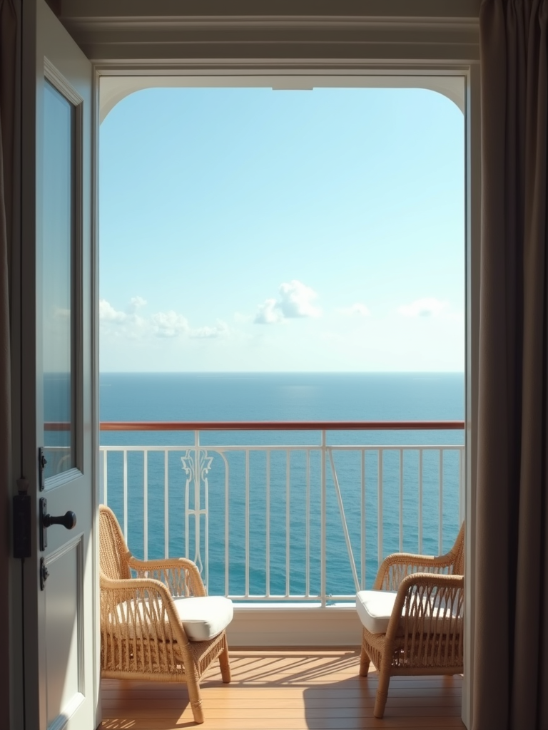 A luxurious cruise cabin balcony featuring a private view of the deep blue ocean horizon.