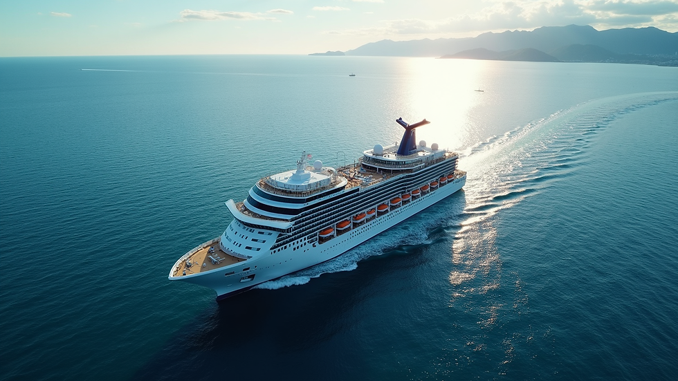 Vue en plongée d'un paquebot de croisière naviguant sur des eaux bleues et calmes.