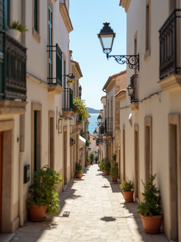 A charming narrow street in a Mediterranean town lined with flowers and white walls.