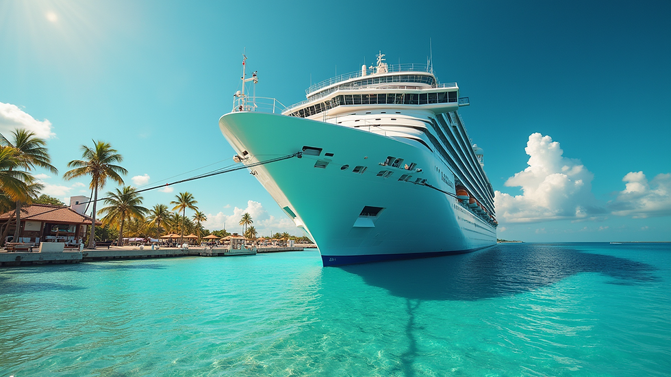 Vue à hauteur d'œil d'un paquebot de croisière amarré dans un port tropical ensoleillé