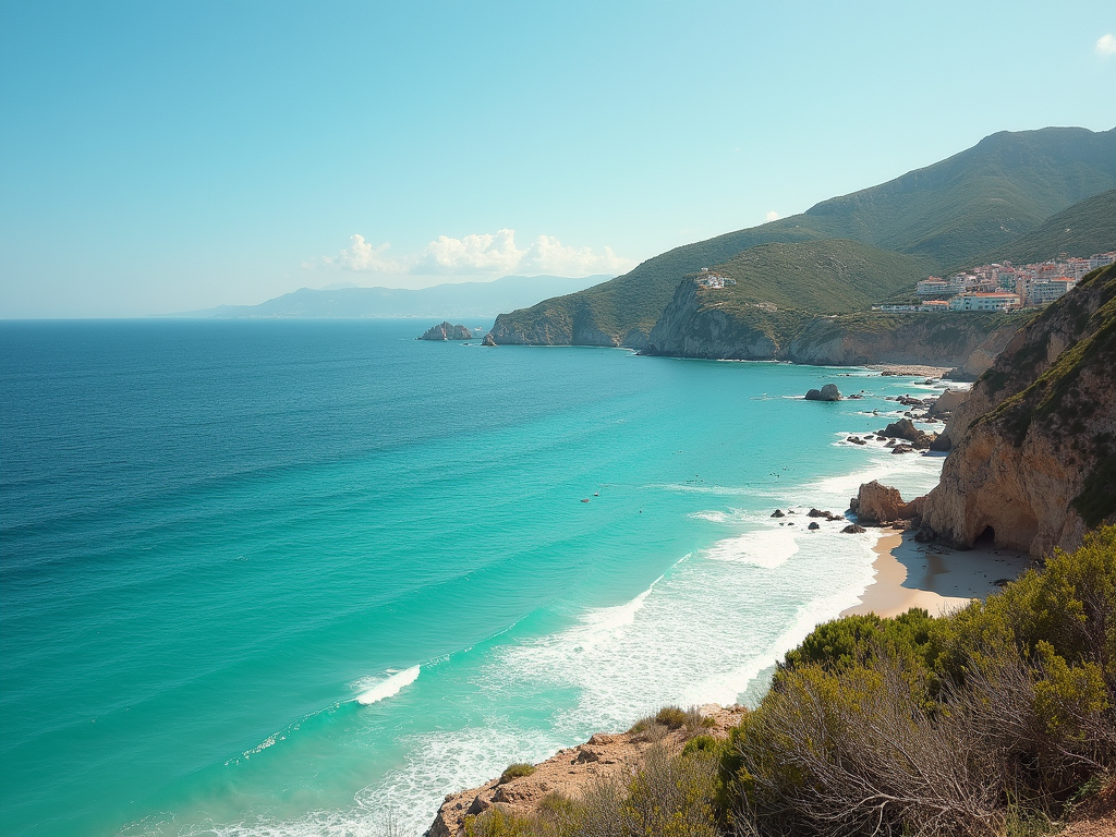 A breathtaking view of the sun-drenched Mediterranean coastline with vibrant turquoise water and white cliffs.