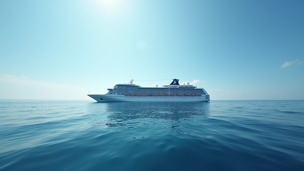 Wide angle view of a cruise ship sailing on calm blue ocean waters