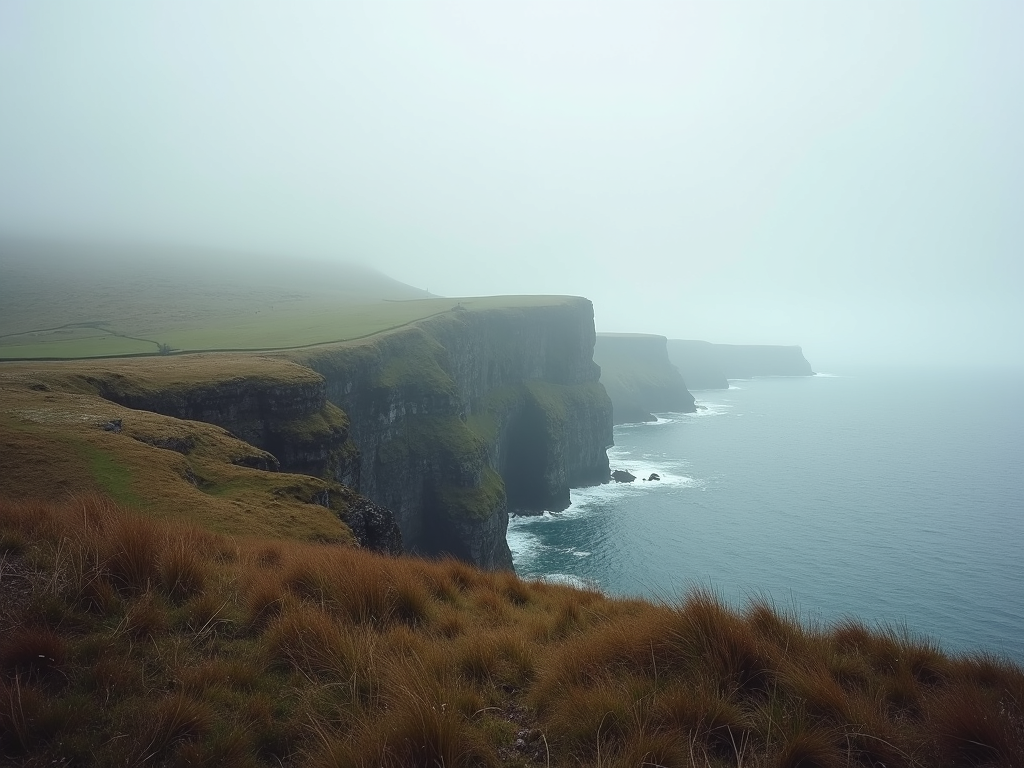 A serene view of the misty Scottish Highlands coastline with calm waters and rolling green hills.