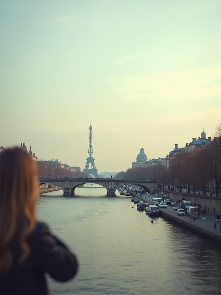 The elegant skyline of Paris with the Eiffel Tower in the distance along the Seine River.