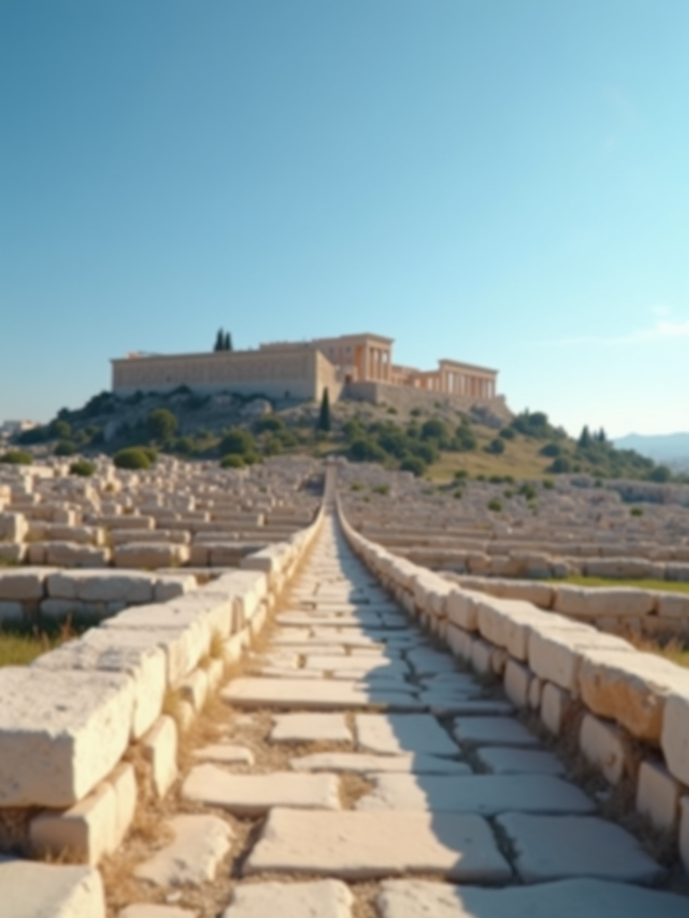 The ancient stone pillars of the Acropolis in Athens under a clear blue sky.