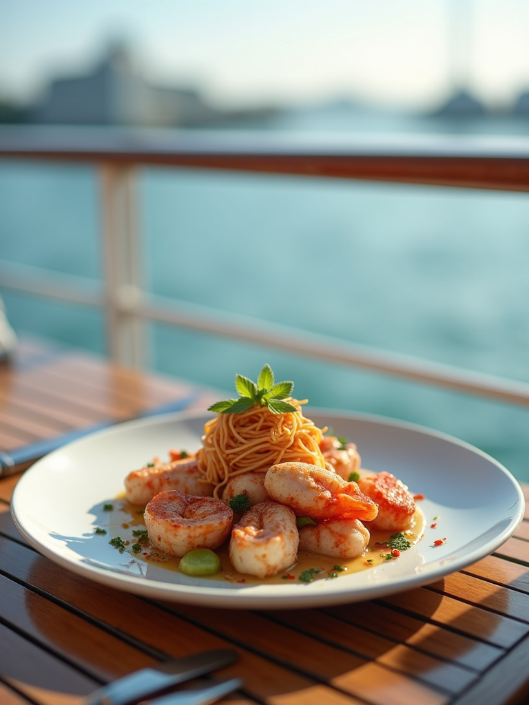 Exquisite gourmet plating of fresh Mediterranean seafood served on a sunlit cruise deck.
