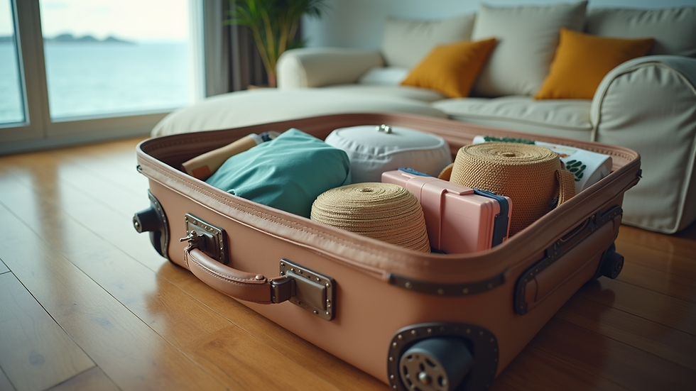 Vue à hauteur des yeux d'une valise remplie de produits essentiels pour la croisière