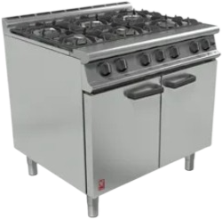 Stainless steel commercial gas range with six burners and Catering Equipment.