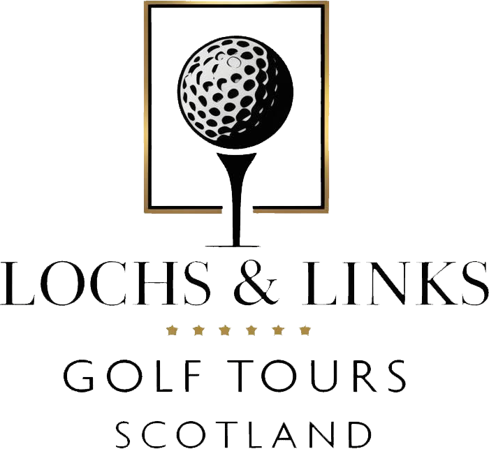 Golf ball on tee, Lochs & Links Golf Tours Scotland logo