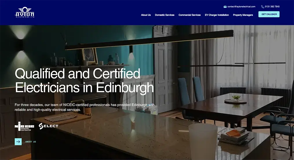 Electrical services website design for Ayton Electrical Edinburgh by Power On Web Design