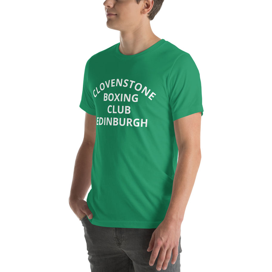 Man wearing a green t-shirt with white text that reads 'Clovenstone Boxing Club Edinburgh'