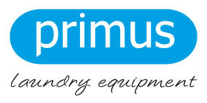 Primus logo in blue oval, Laundry equipment text below, white font on logo.