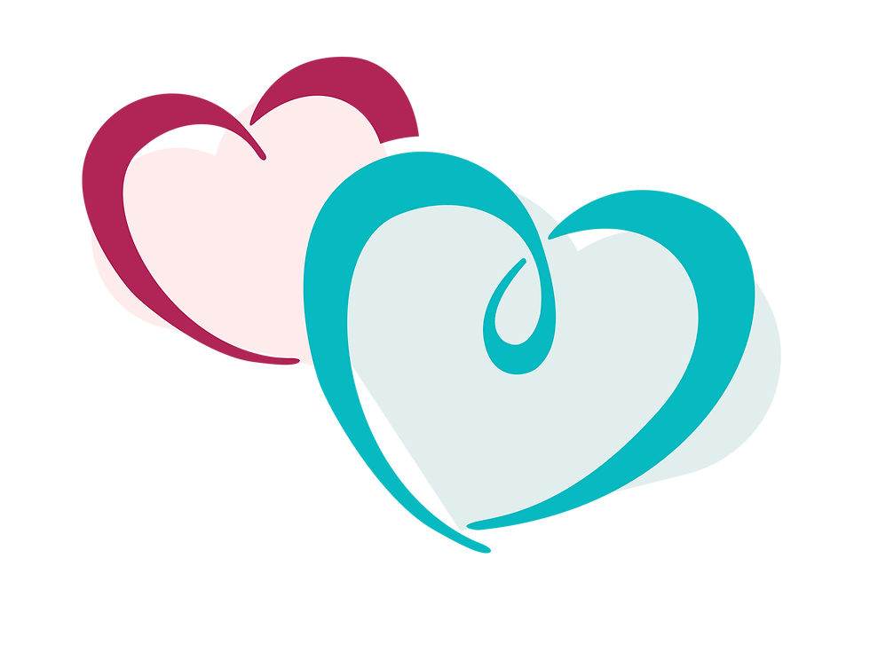 Two overlapping stylized hearts in pink and teal.